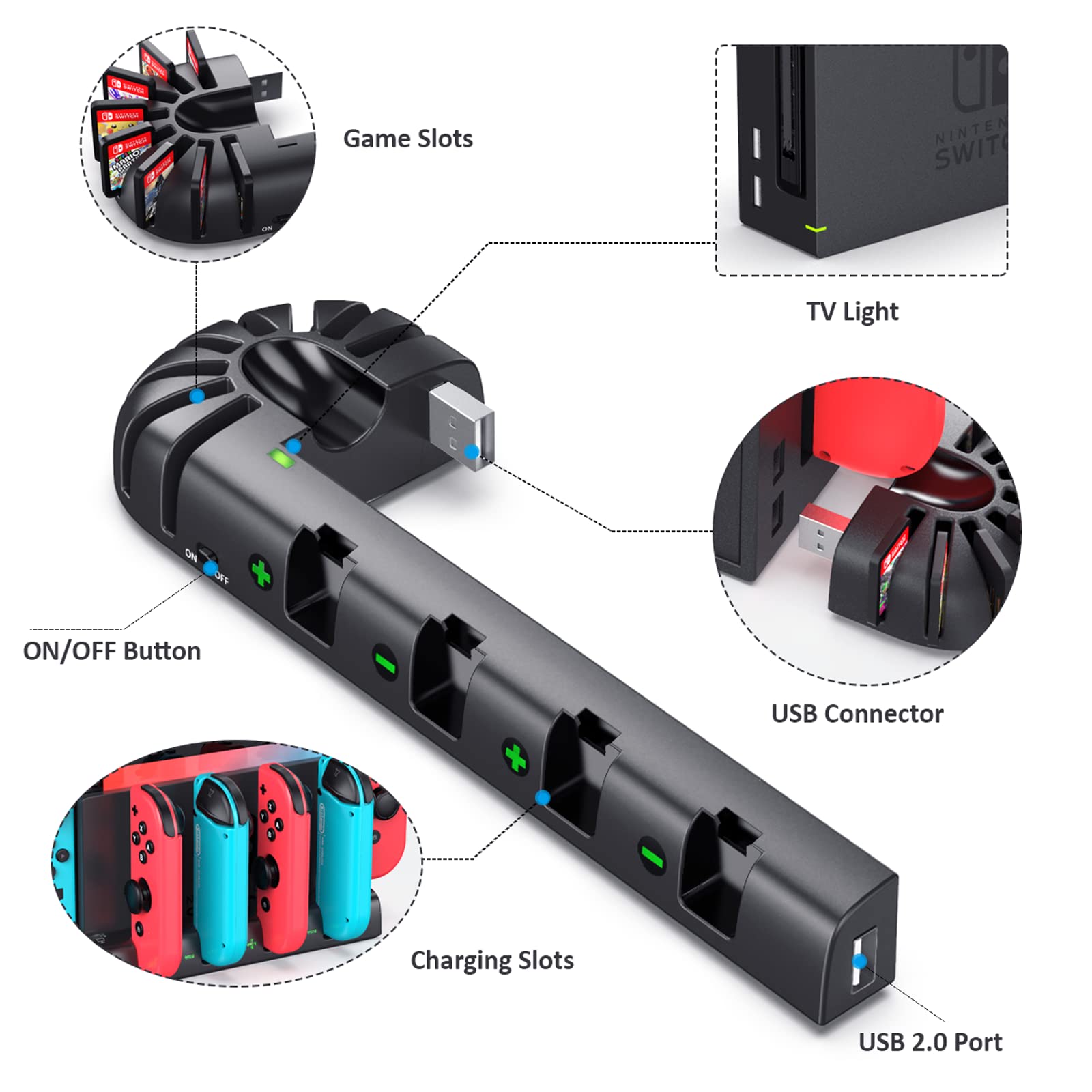 Switch Joycon Charging Dock Station Compatible with Nintendo Switch Accessories & OLED Model Joycons, KDD Joycon Controller Charger Docking Station with Upgraded 8 Game Storages, Gming Accessories