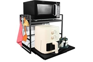 BeSokar 2-Tier Microwave Rack - Height Adjustable & Extendable Kitchen Shelf with Drawer - Carbon Steel - Includes Hooks & Reinforcement Suction Cups - Easy Assembly (Black)