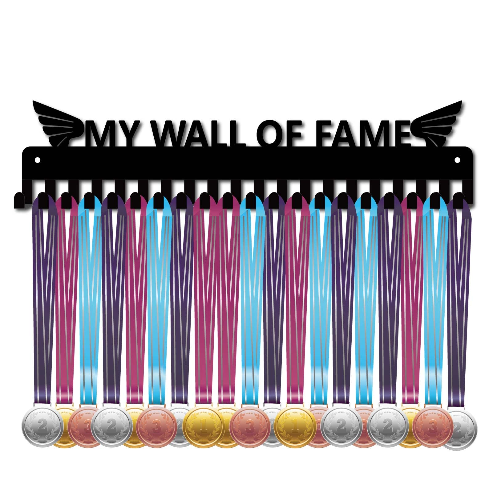 CREATCABIN Medal Holder Display Hanger Rack Sports My Wall of Fame Metal Wall Mount with 20 Hooks for Race Runner Players Gymnastics Gymnast Over 60 Medals Black 15.7 x 3.7inch