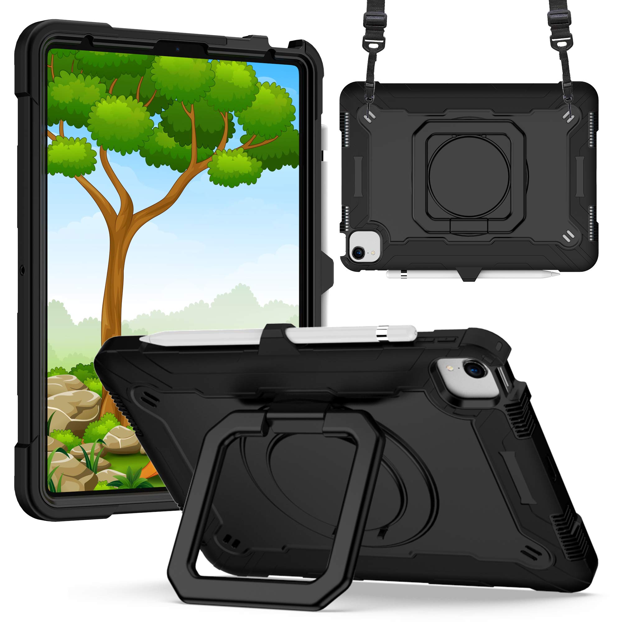 Vteepck iPad Air 4 Case with Pencil Holder | iPad Air 10.9 Case | iPad Pro 11 inch Case 2021/2020/2018 | Shockproof Heavy Duty Case w/Shoulder Strap & Kickstand & Grip for iPad Air 4th Gen-Black