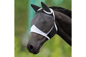 SAGUD Fly Mask with Ears for Horses Soft Stretchy Mesh Horse Face Cover, Breathable Eye Protection Fly Masks UV Protective Horse Supplies (Black, L)