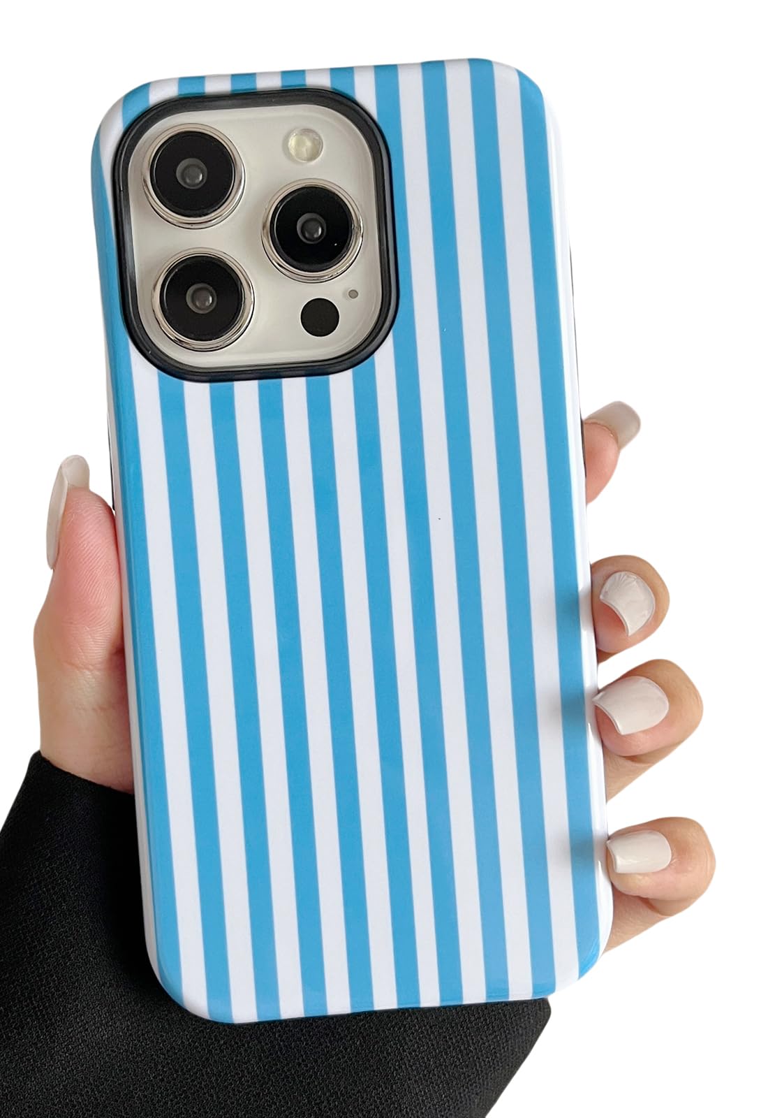 Longlayss Compatible with iPhone 15 Pro Case Cute Aesthetic Striped Phone Case for Women Girl Shockproof Slim TPU and Hard PC Protective Cover (Blue)
