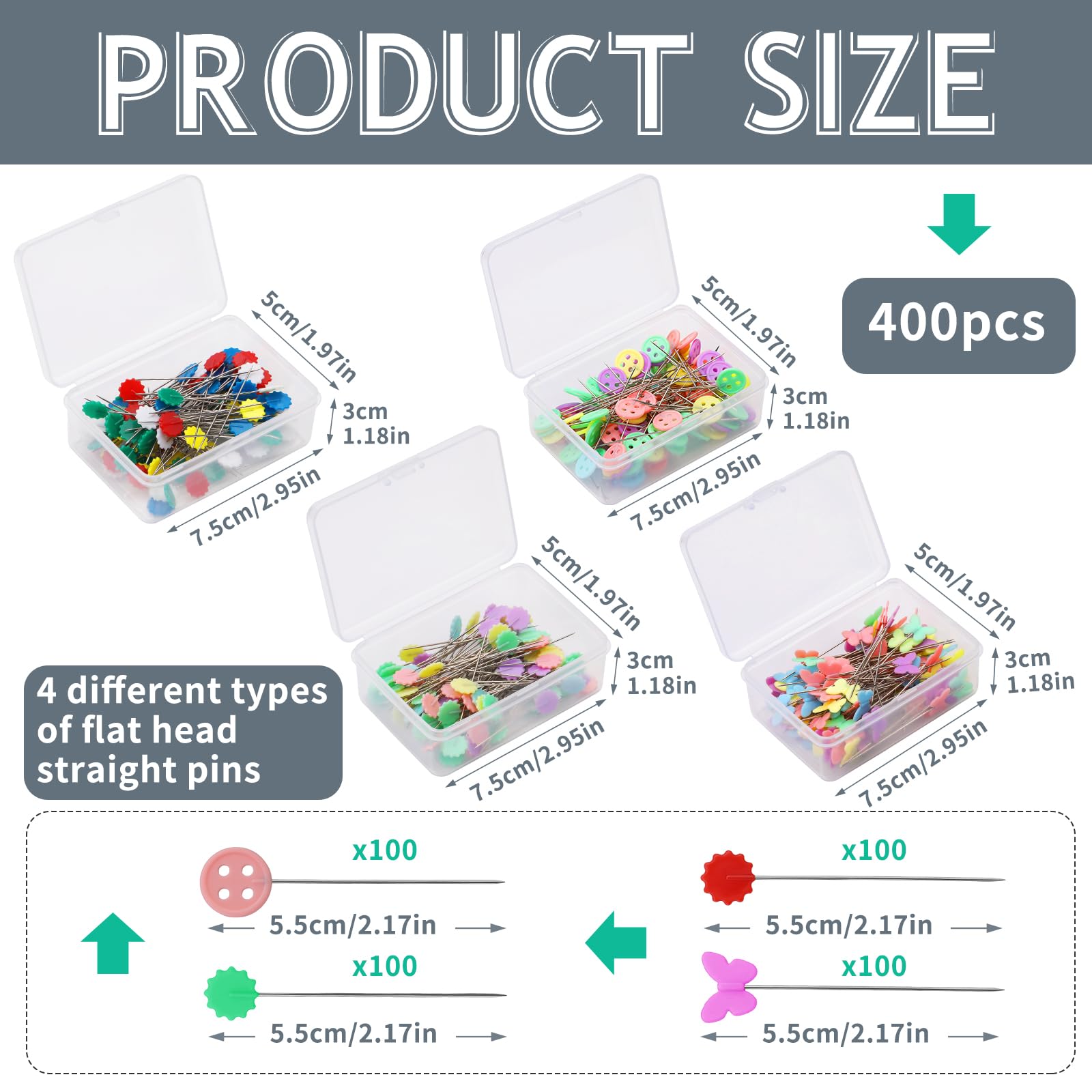 Fteven 400Pcs Flat Head Straight Pins Kits, Sewing Flat Head Pins Set, Colored Head Sewing Pins Quilting Pins with Storage Box for DIY Handicraft Marking and Positioning in Sewing