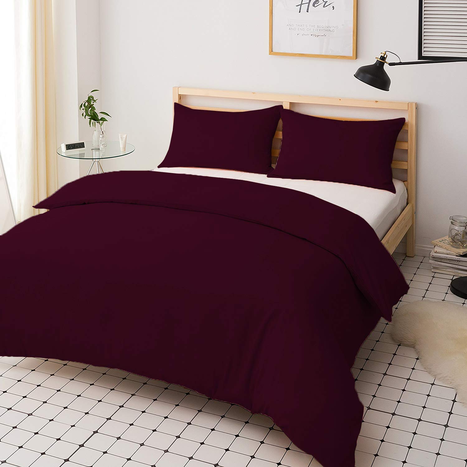 mFabrics Poly-Cotton Duvet Quilt Cover Set - Easy Care, Machine Washable - Single Double King Super King - Pillowcase Included (Plum, Double)
