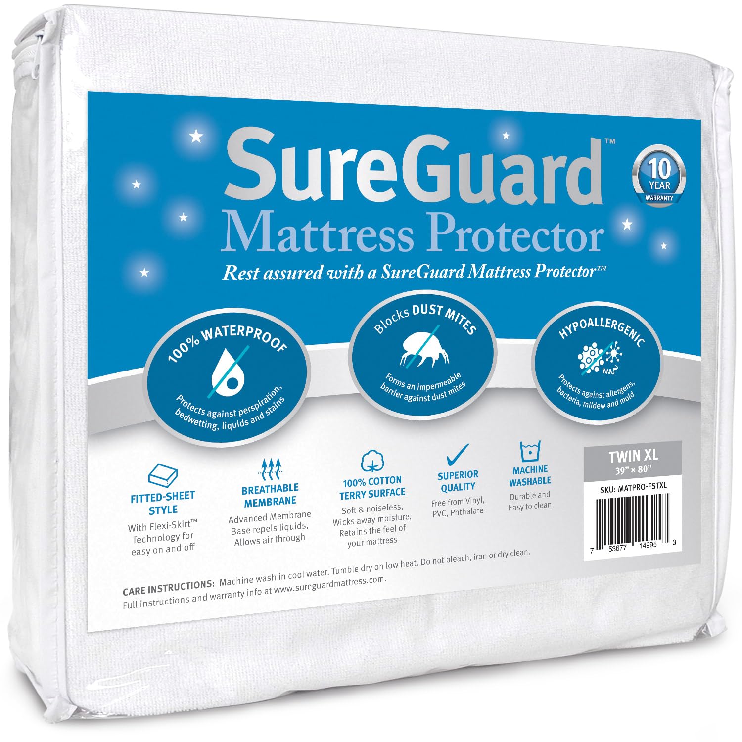 Photo 1 of SureGuard Twin Extra Long (XL) Mattress Protector - 100% Waterproof, Hypoallergenic - Premium Fitted Cotton Terry Cover White