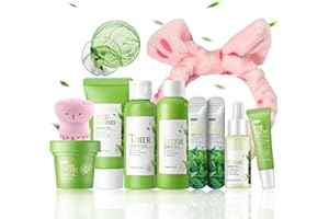 ISHERBIN Green Tea Skincare Set, Organic Skin Care Set, Facial Kit for Women/Teenage Girls, Green Tea Skin Care Products Set, Face Skin Care Routine Kit hydrating Skin Beauty Gift (10-Pack, Green Tea)