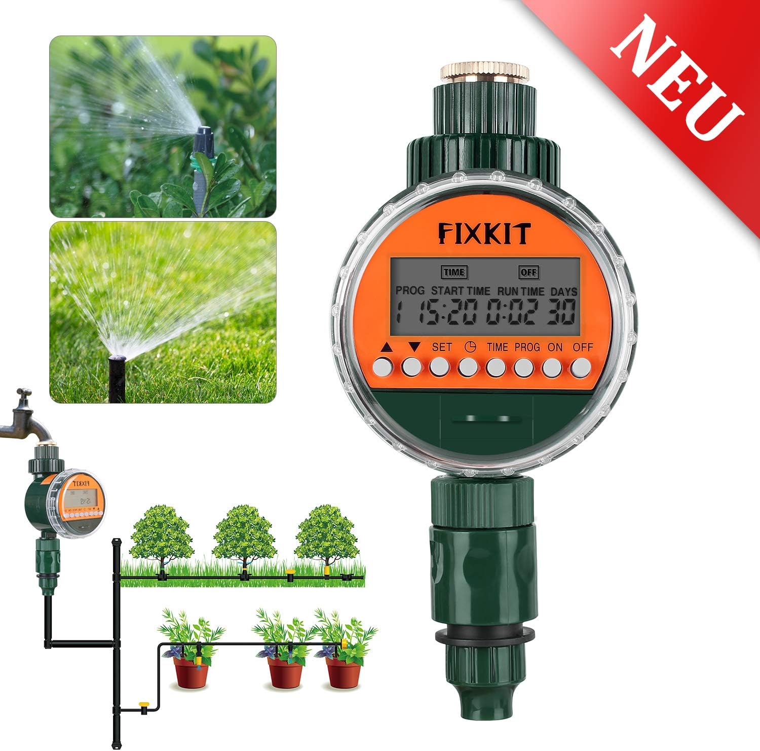 FIXKIT Nuevo Reloj de Riego con Pantalla LED con Cubierta Protectora Impermeable y Programa de Riego Digital (Hasta 30 Días)