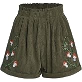 COZYEASE Women's Plants Embroidery Corduroy Shorts Paperbag Waist Elastic Waist Straight Leg Casual Shorts