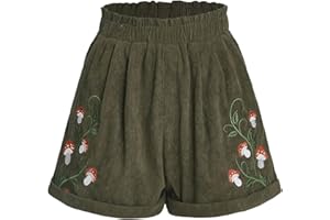 COZYEASE Women's Plants Embroidery Corduroy Shorts Paperbag Waist Elastic Waist Straight Leg Casual Shorts