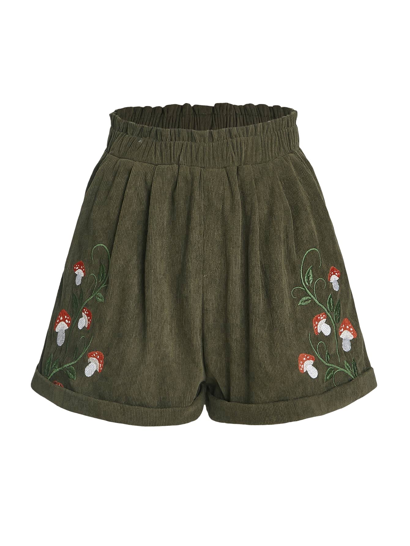 Photo 1 of COZYEASE Women's Plants Embroidery Corduroy Shorts Paperbag Waist Elastic Waist Straight Leg Casual Shorts Army Green S