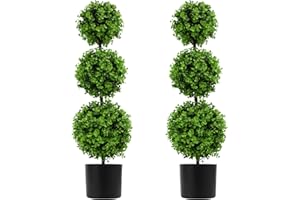 LUWENER 3FT Artificial Boxwood Topiary Tree in Pot,2 Pack Faux Topiary Trees for Front Door Porch Home Living Room Garden,Fake Outdoor Plant Boxwood Ball for Indoor&Outdoor (2, Eucalyptus)