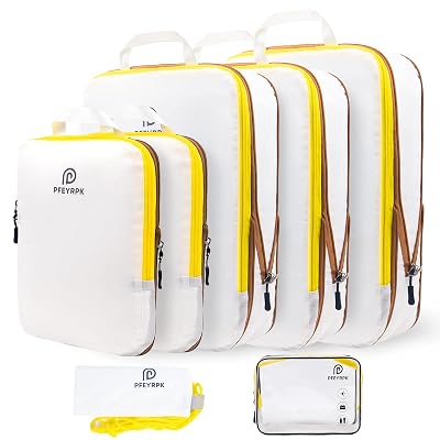 PFEYRPK Lightweight Compression Packing Cubes for Suitcases, Compressible Expandable Travel Packing Organizer with Clear Toiletries and Backpack Bag, Travel Essentials for Carry on Luggage 7 Set