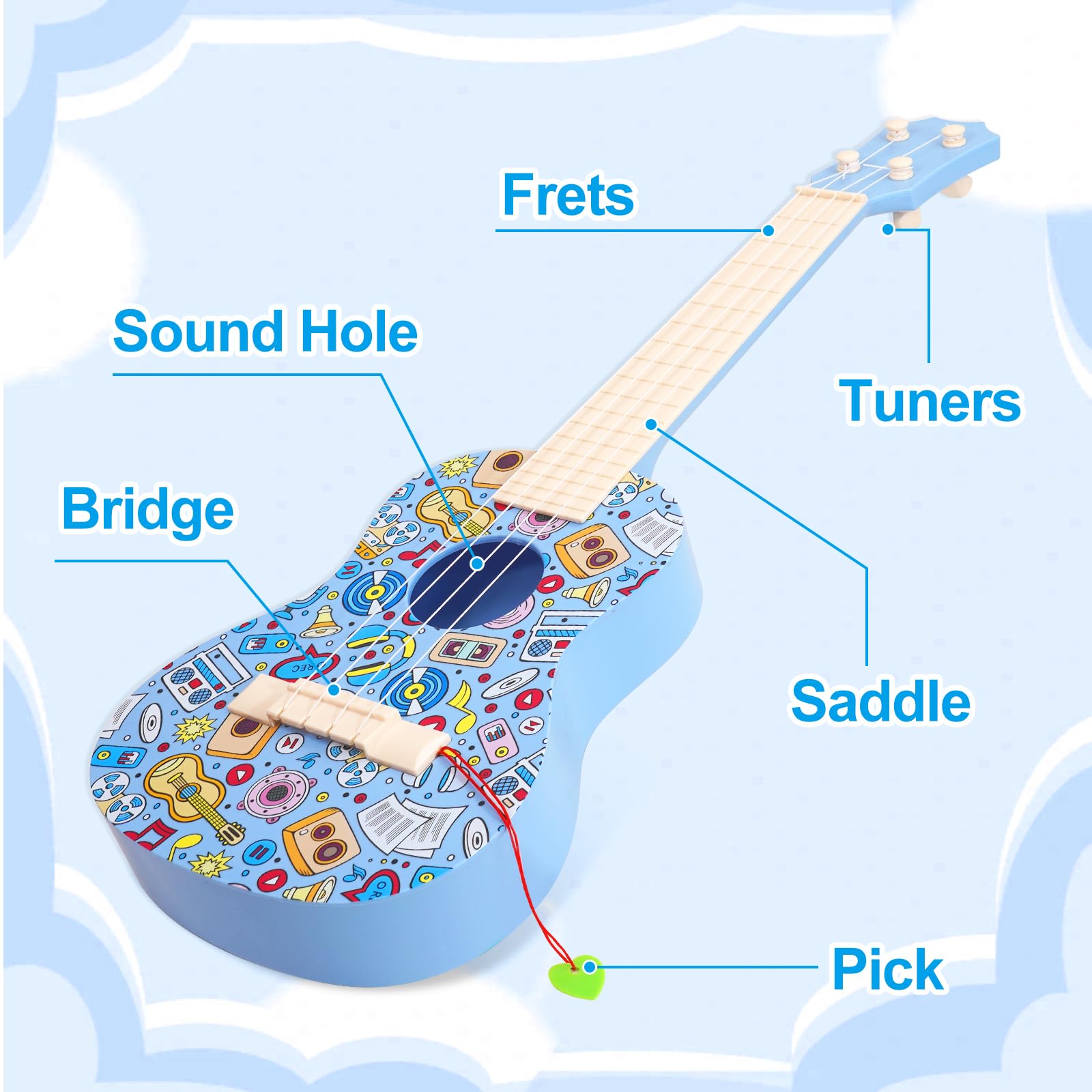 LeeQee 21in Colorful Graffiti Ukulele Guitar, 4 Strings Musical Instruments Learning Educational Toys with Picks for 3-12 Kids Toddler Boys Girls (Blue)