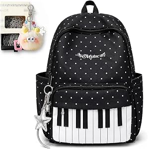 betniti Piano Backpack for Women, Cute Black Polka Dot Canvas Bookbag with Padded Straps, Y2K Music Daypack for School，B