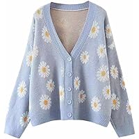 Women Y2K Floral Print Knit Cardigan Sweater Long Sleeve V Neck