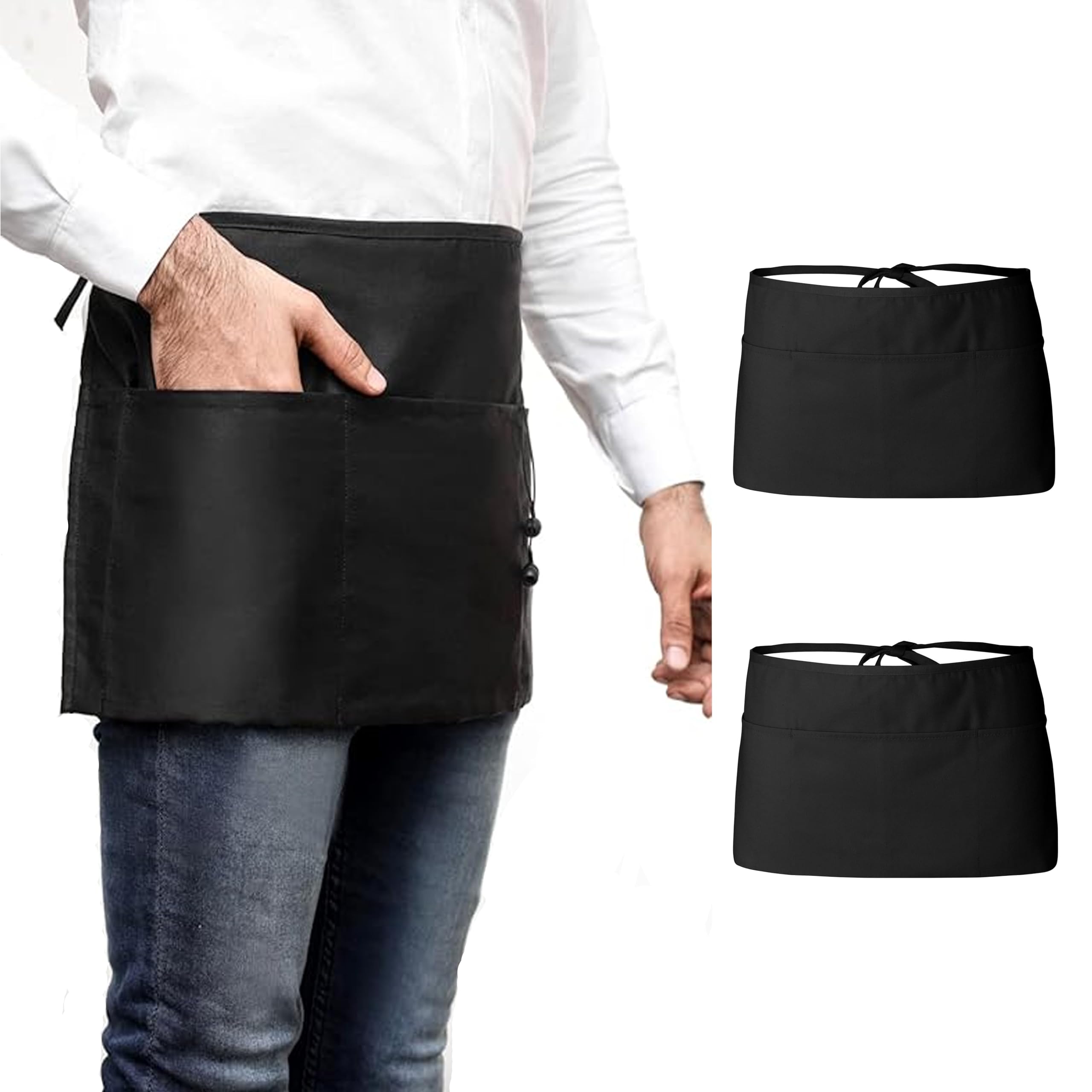 DOVORTEX 2 Pack Black Waist Apron, Waitress Apron With 3 Pockets
