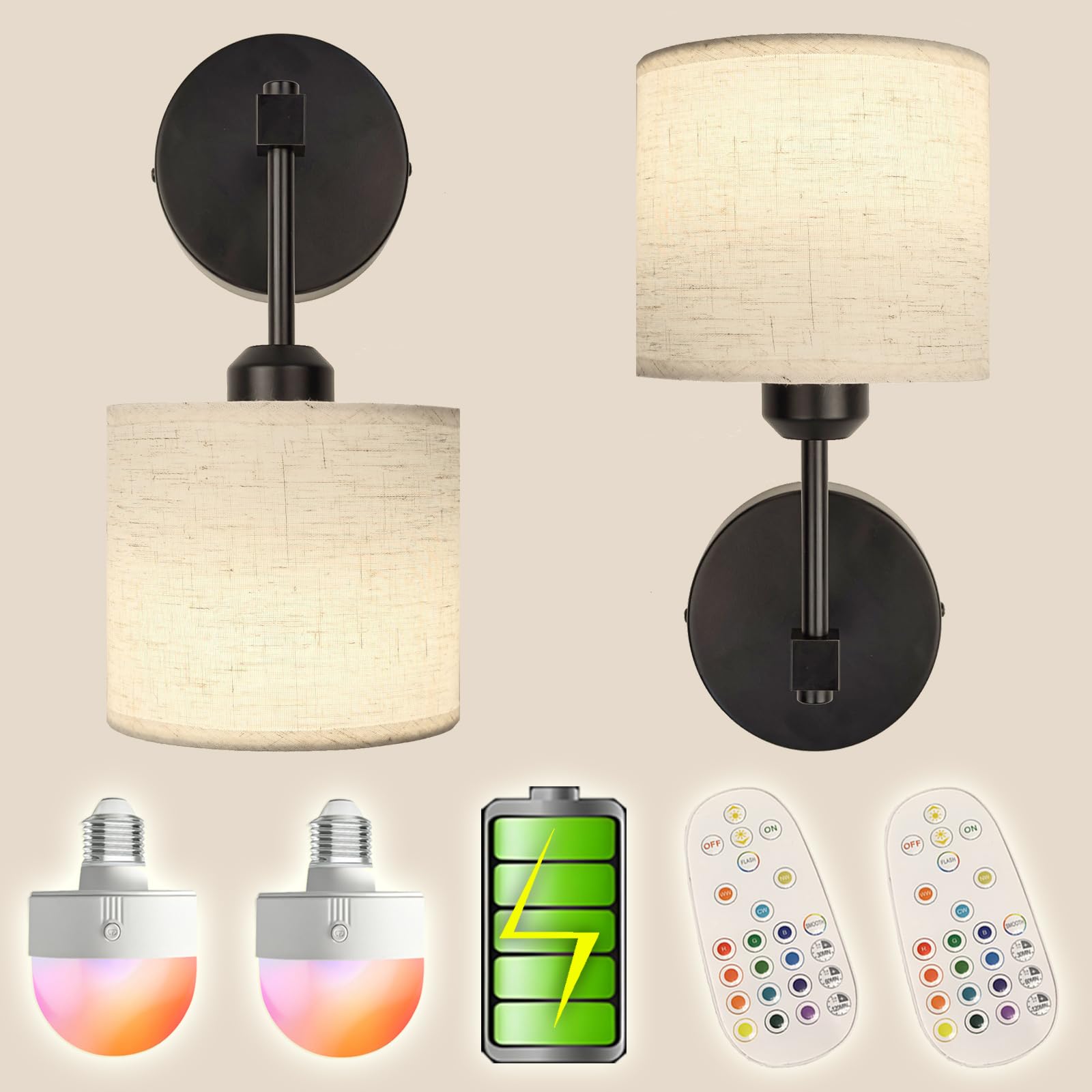 Photo 1 of Easy Install Peel and Stick Battery Wall Sconces Set of 2 with Fabric Shade, No Electric Wiring Battery Small Wall Lights Stick on Lamps for Bathroom Bedroom Living Room Picture (2 Pack, Black)