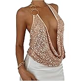 Verdusa Women's Sequin Sparkly Halter Top Rave Party Backless Drape Neck Date Night Tops