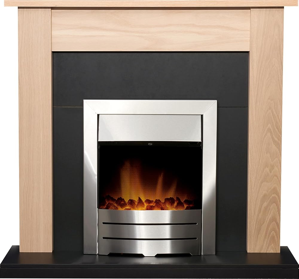 Adam Southwold Oak Black Fireplace Suite Colorado Brushed Steel Electric Fire