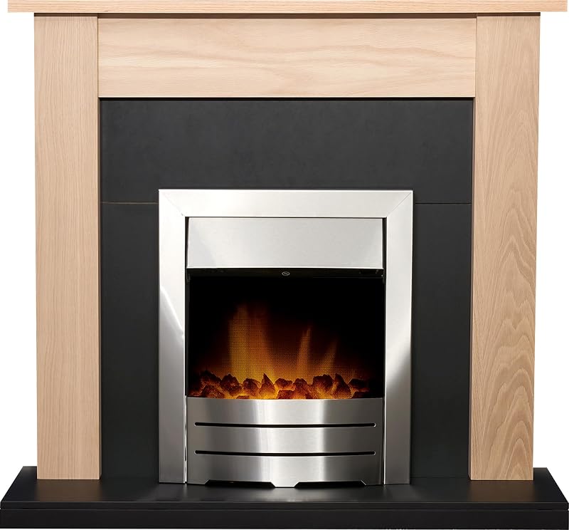 Adam Southwold Oak Black Fireplace Suite Colorado Brushed Steel Electric Fire