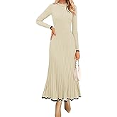 ZESICA Women's Long Sleeve Sweater Dress Fall 2026 Crewneck Ribbed Knit Pleated A-Line Maxi Wedding Guest Dresses