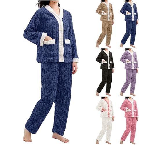 Fluffy Pyjamas Women Warm Fleece Pyjamas Sets Soft Cosy Lounge Wear Sets Fuzzy Nightwear Ladies 2 Piece Pjs Set Long Sleeve Button Up Tops And Pants Loungewear Sleepwear Fluffy Pajamas With Pockets