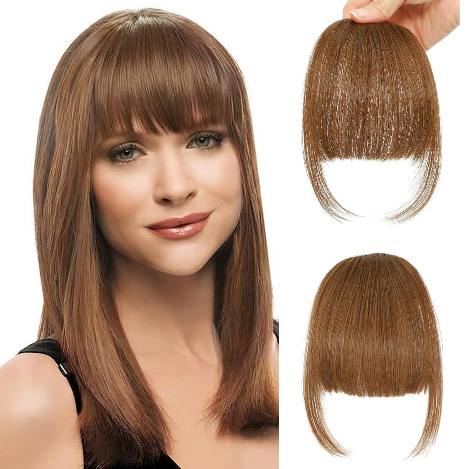 Clip In Fringe 100% Real Human Hair Bangs Hair Clip Thin Bangs On Hairpiece On Air Bangs With Temple Wispy Bangs Hair Extensions for women (Light Brown, Neat Fringe) — image 1