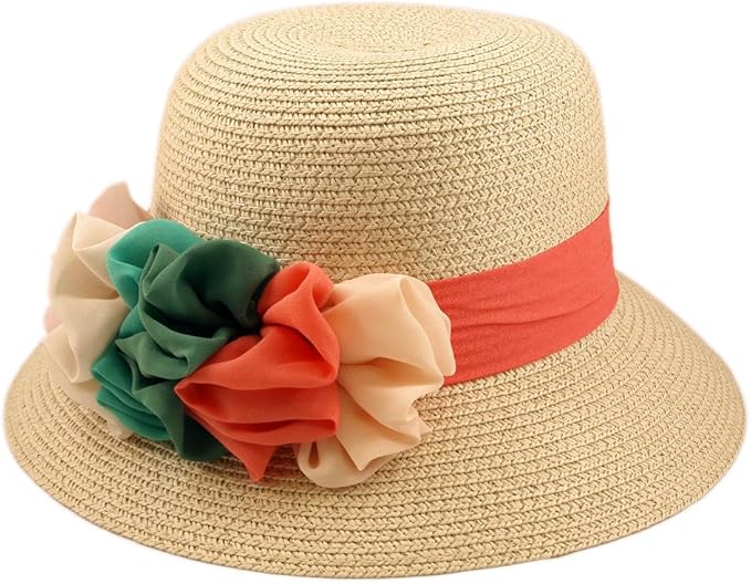 Deluxe Flower Straw Sun Hat, Natural at Amazon Women’s Clothing store