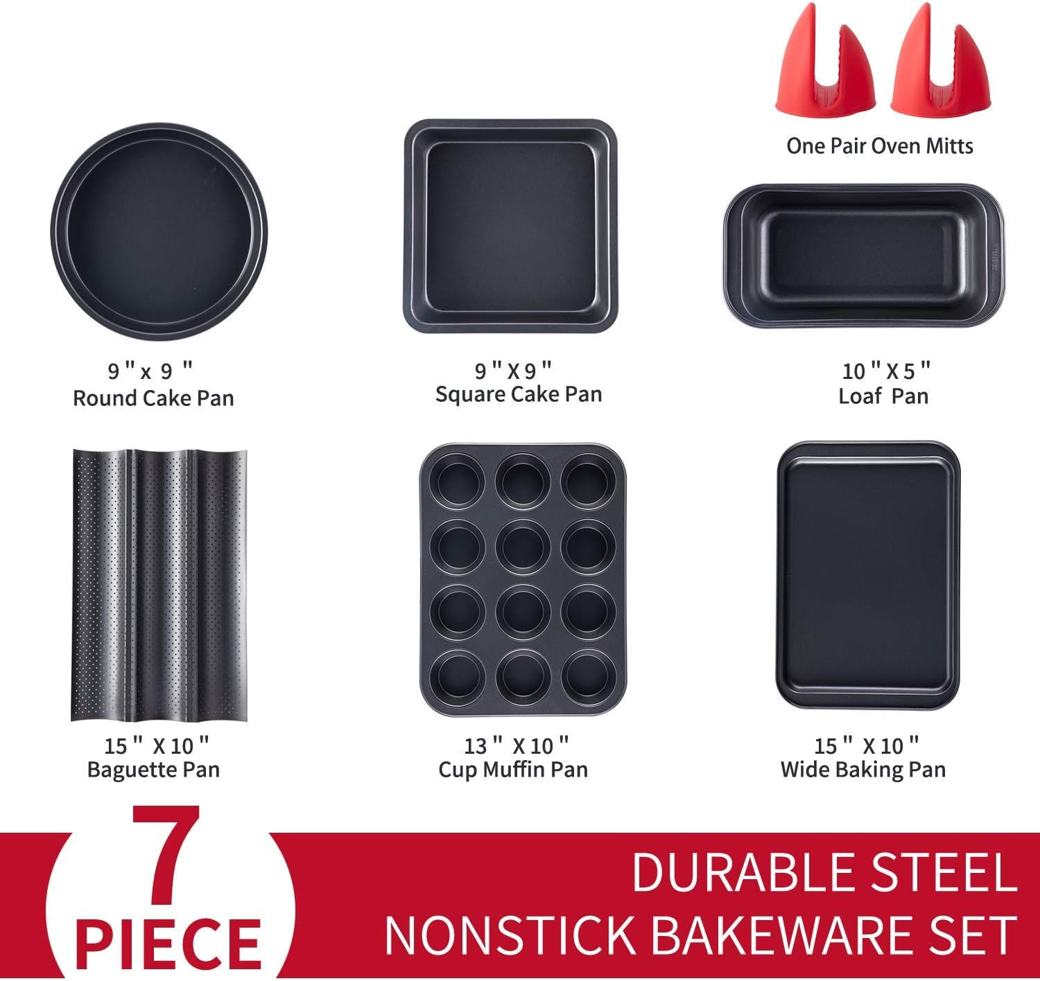 KITESSENSU Baking Pans Sets Nonstick, Bakeware Set with Round Cake Pan, Square Cake Pan, Loaf Pan, Cup Muffin Pan, Baguette Pan, Cookie Sheet & Silicone Oven Mitts, Carbon Steel Bake Set 7-Piece: Kitchen & Dining