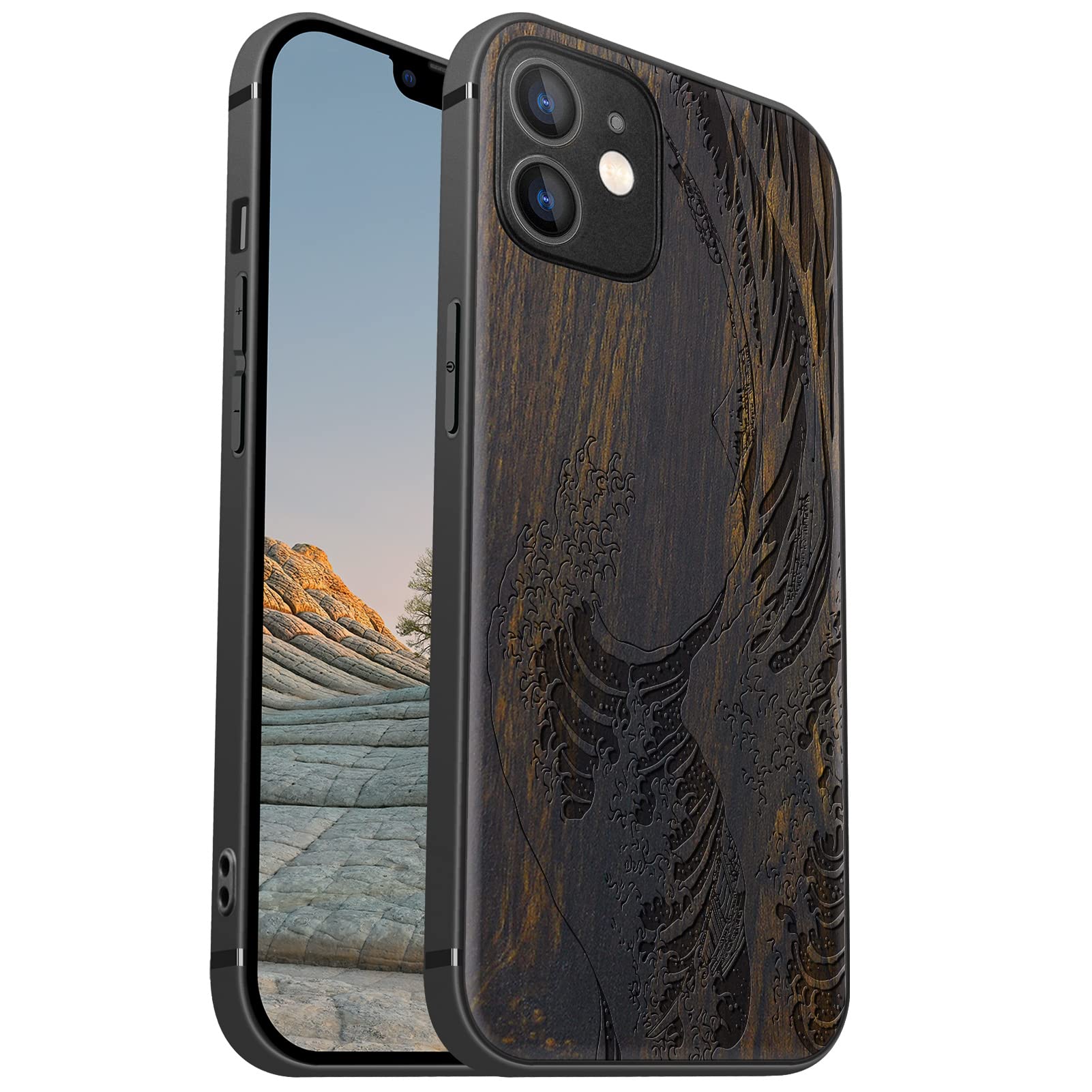 Carveit Magnetic Wood Case for iPhone 12 - Hard Real Wood & Soft TPU - Shockproof Protective Cover - Unique & Classy Wooden Case - Compatible with MagSafe - The Great Wave Off Kanagawa (Blackwood)