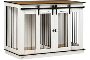 PawHut Dog Crate Furniture with Divider, Dog Crate End Table for Small to Large Dogs, Large Indoor Dog Kennel with Double Doors, 47" W x 23.5" D x 35" H, White