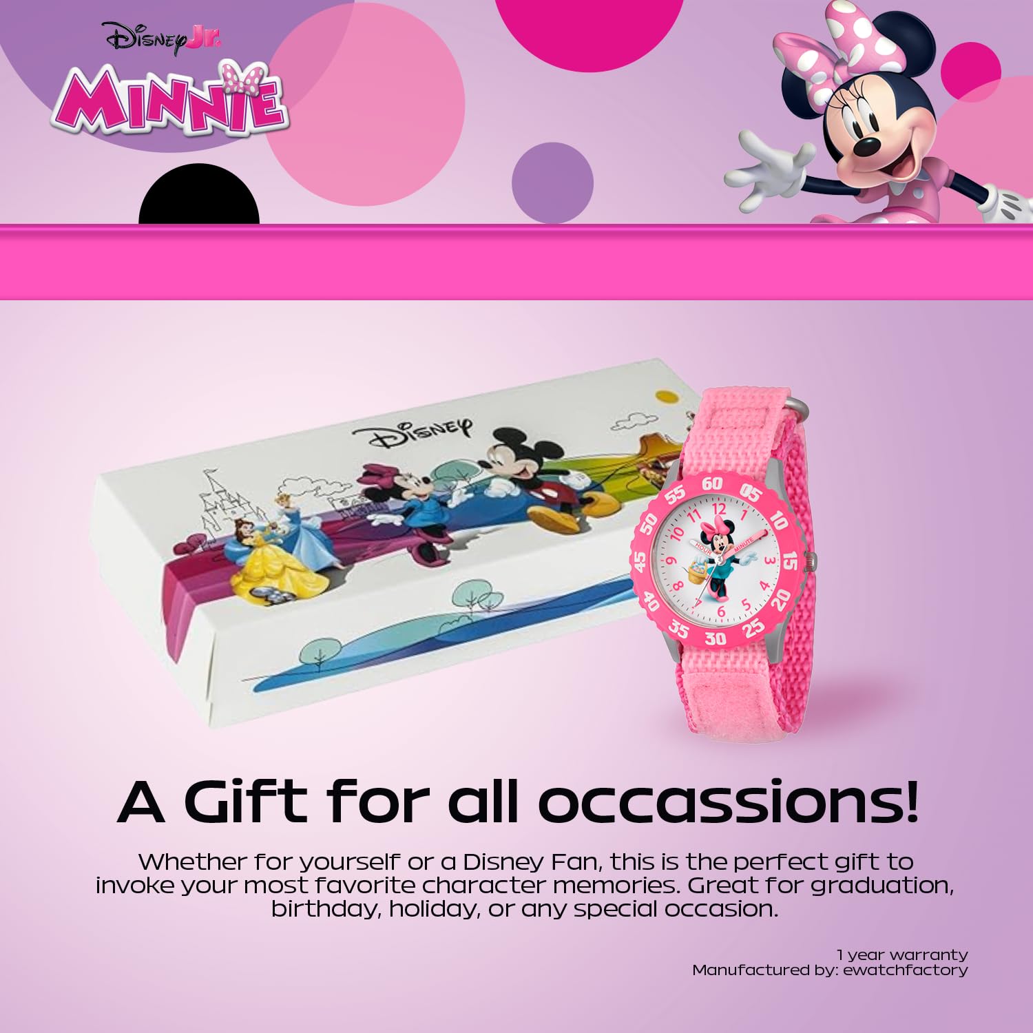 Disney Minnie Mouse Watch for Kids – Cute Minnie Watch for Girls & Toddlers, Pink Bezel, Purple Nylon Strap, Fun Mouse Watches Kids 3-5, Gift for Little Fans