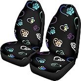 Brosoneto Colorful Heart Dog Paw Print Car Seat Covers Full Set of 2, Cloth Seat for Auto Front Seats, Black Bucket Seat Covers for Cars Washable and Breathable Car Accessories for Sedan Truck SUV