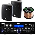 Pyle PDA6BU Amplifier Receiver Stereo, Bluetooth, AM/FM Radio, USB Flash Reader, Aux Input LCD Display, 200 Watt with Dual LU43PB Indoor/Outdoor Speakers Bundle with Enrock 50ft 16g Speaker Wire