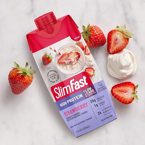 SLIMFAST PROTEIN SHAKE, STRAWBERRY- 20G PROTEIN, MEAL REPLACEMENT SHAKE READY TO DRINK, HIGH PROTEIN WITH LOW CARB AND LOW SUGAR, 24 VITAMINS AND MINERALS, 12 COUNT (PACK OF 1) (PACKAGING MAY VARY)