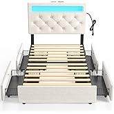 Rolanstar Twin Bed Frame with 4 Storage Drawers and Charging Station,Twin Bed with Led Lights, 2 USB & 1 Type C, Adjustable Headboard 38.9/40.8 Inches, No Box Spring Needed, White