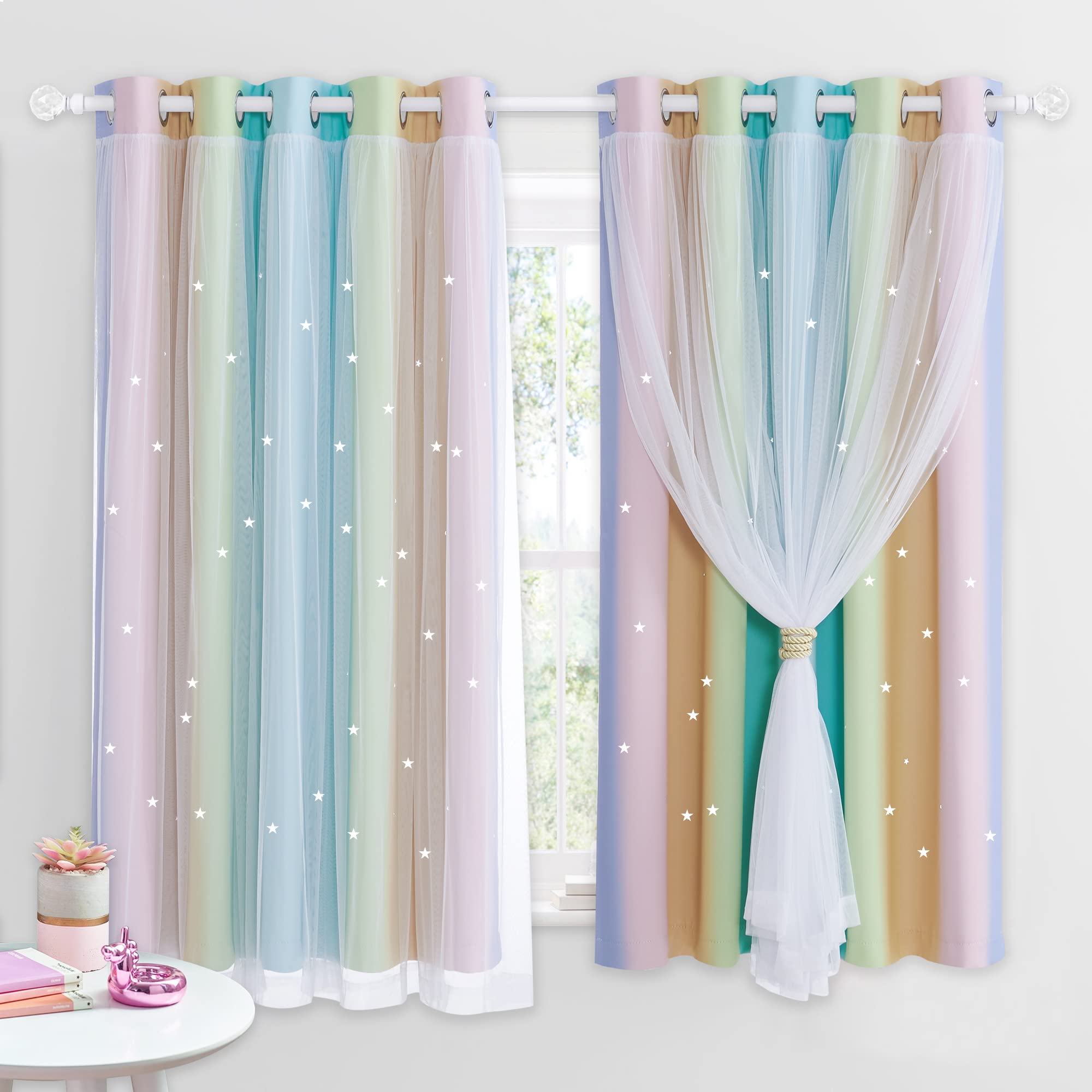 NICETOWN Rainbow Curtains for Kids - Star Cut Out Double Layer Blackout Curtains with Voile Thermal Privacy Protection for Nursery Bedroom Living Room, 2 Panels, W66 x L54 Inch (168x137 cm),Rainbow