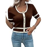 Verdusa Women's Cropped Sweater Old Money Clothes Short Sleeve Lightweight Sweater Fall Trendy Knit Top