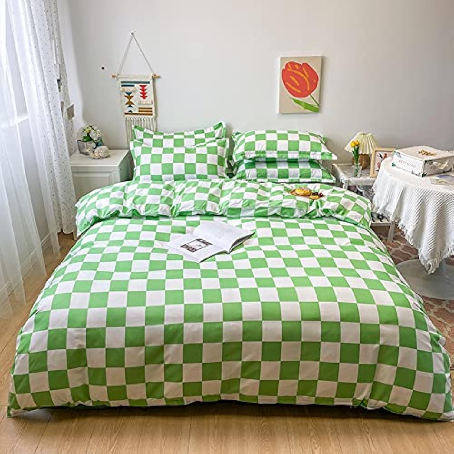 Lunoroey Green Duvet Cover Set King Size Checkered Checkerboard Plaid Grid Quilt Cover Geometric Soft Bedding Set (1 Duvet Cover and 2 Pillowcases) — image 1
