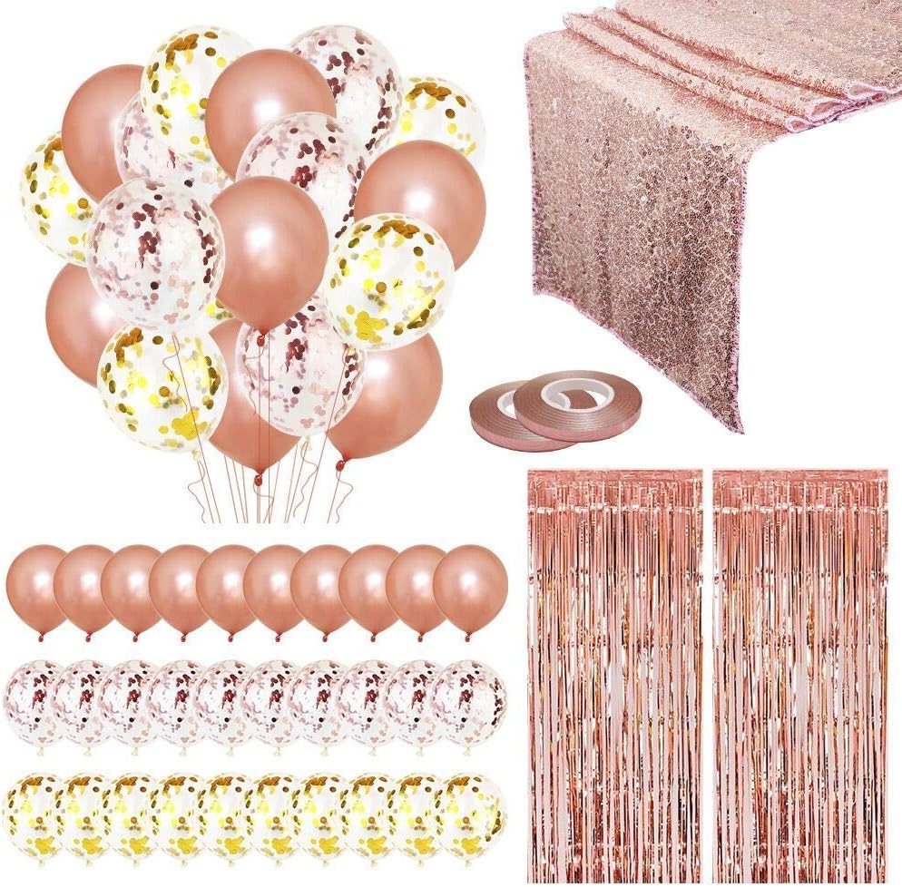 Cluboricao Com x Ensemble De Decoration De Fete En Or Rose 10 Ballons En Or Rose Ballons De Confettis Clairs Avec 2 Rideaux De Ruban En Aluminium Et Rideau En Feuille 1chemin De Table A Sequins