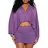 SHIPPOOOU Women Sexy Mesh 2 Piece Mini Skirt Sets Bubble Hem Blouse Top and Short Skirt Club Outfits