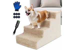 Almcmy Pet Stairs, Non-Slip 4 Tiers Dog Steps with Washable Fiber Cover, Plastic Dog Stairs for Small Dogs & Cats Climbing Couch, Sofa, Bed - Send 1 Pet Grooming Gloves, 1 Lint Roller