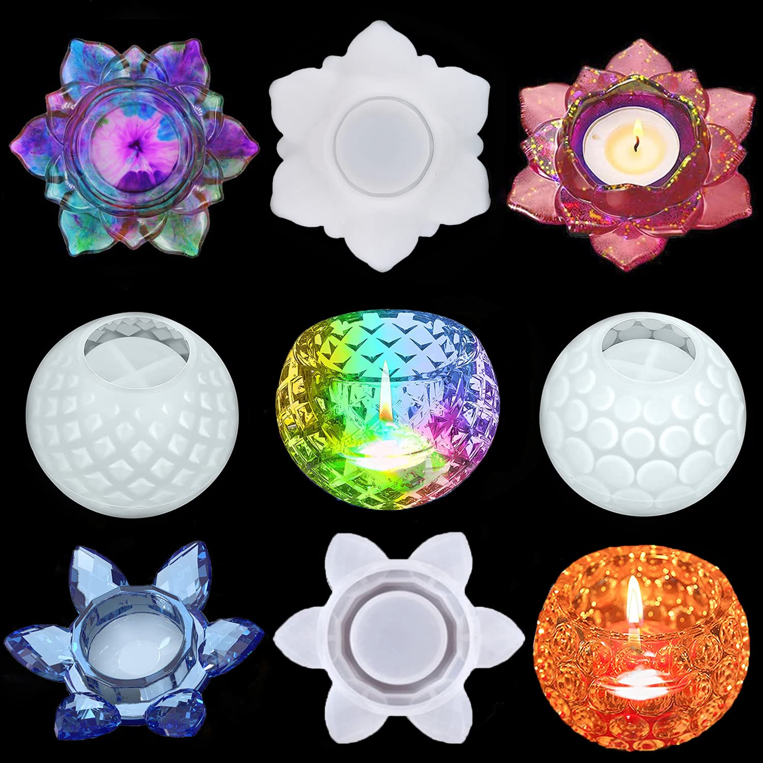 Lotus Lamp 4 Piece Resin Candle Holder Set, Epoxy Resin Pouring Mould for DIY Jewelry Box, Candy Box Home Table Decoration (#2)