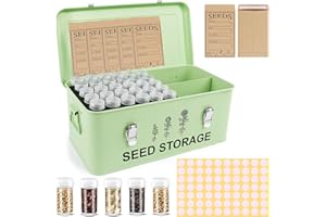 RGJ 60 Slots Seed Storage Organizer, Metal Seed Saving Box with Lid and Safety Locks, Seed Bin Seed Storage Container with 20 Seed Envelopes and 20 Labels, 3 Compartments, Perfect for Flower Plants Garden