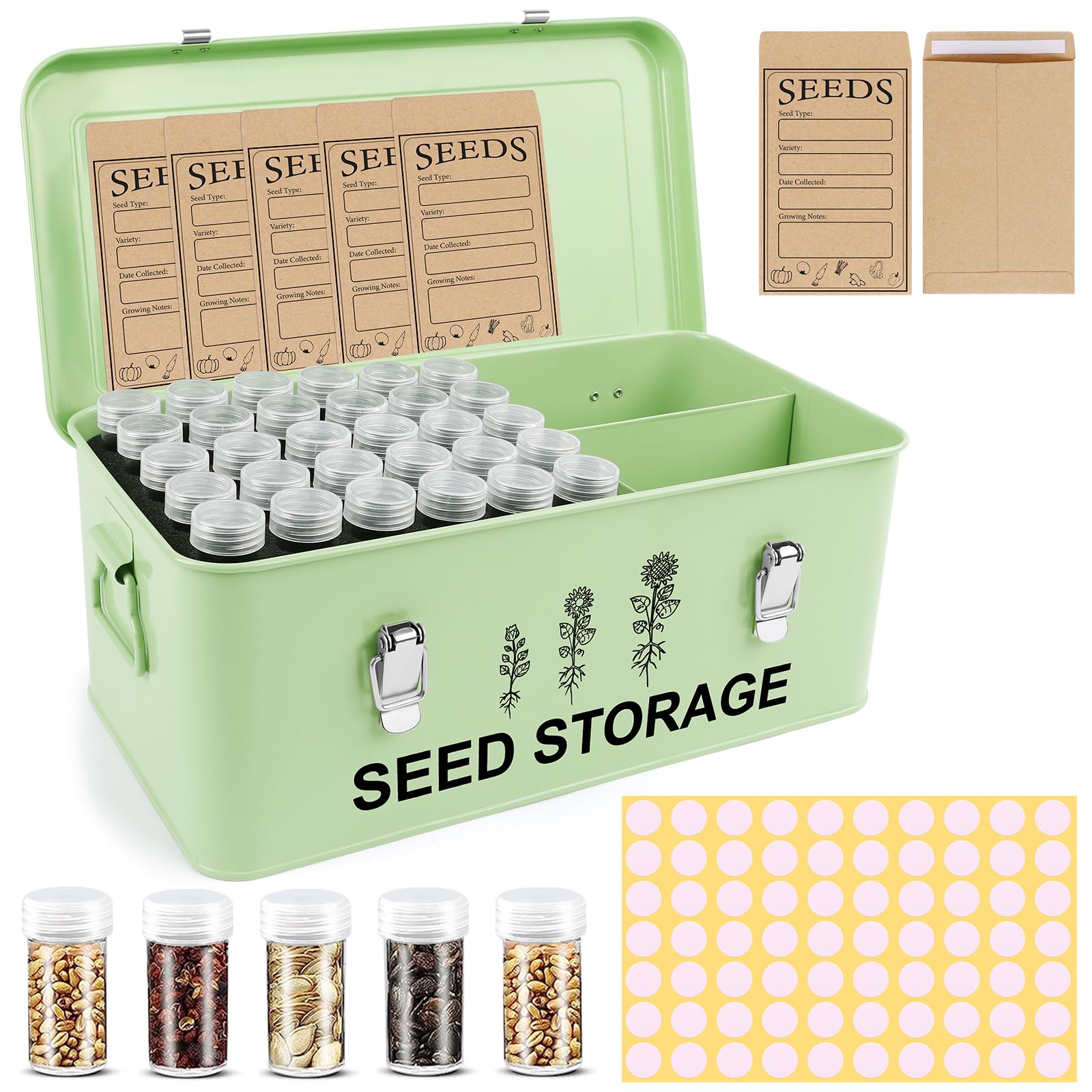 Photo 1 of 60 Slots Seed Storage Organizer, Metal Seed Saving Box with Lid and Safety Locks, Seed Bin Seed Storage Container with 20 Seed Envelopes and 20 Labels, 3 Compartments, Perfect for Flower Plants Garden