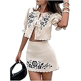 Milumia Women's 2 Piece Outfit Boho Floral Print Tie Front Puff Sleeve Blouse and A-Line Mini Skirt Set