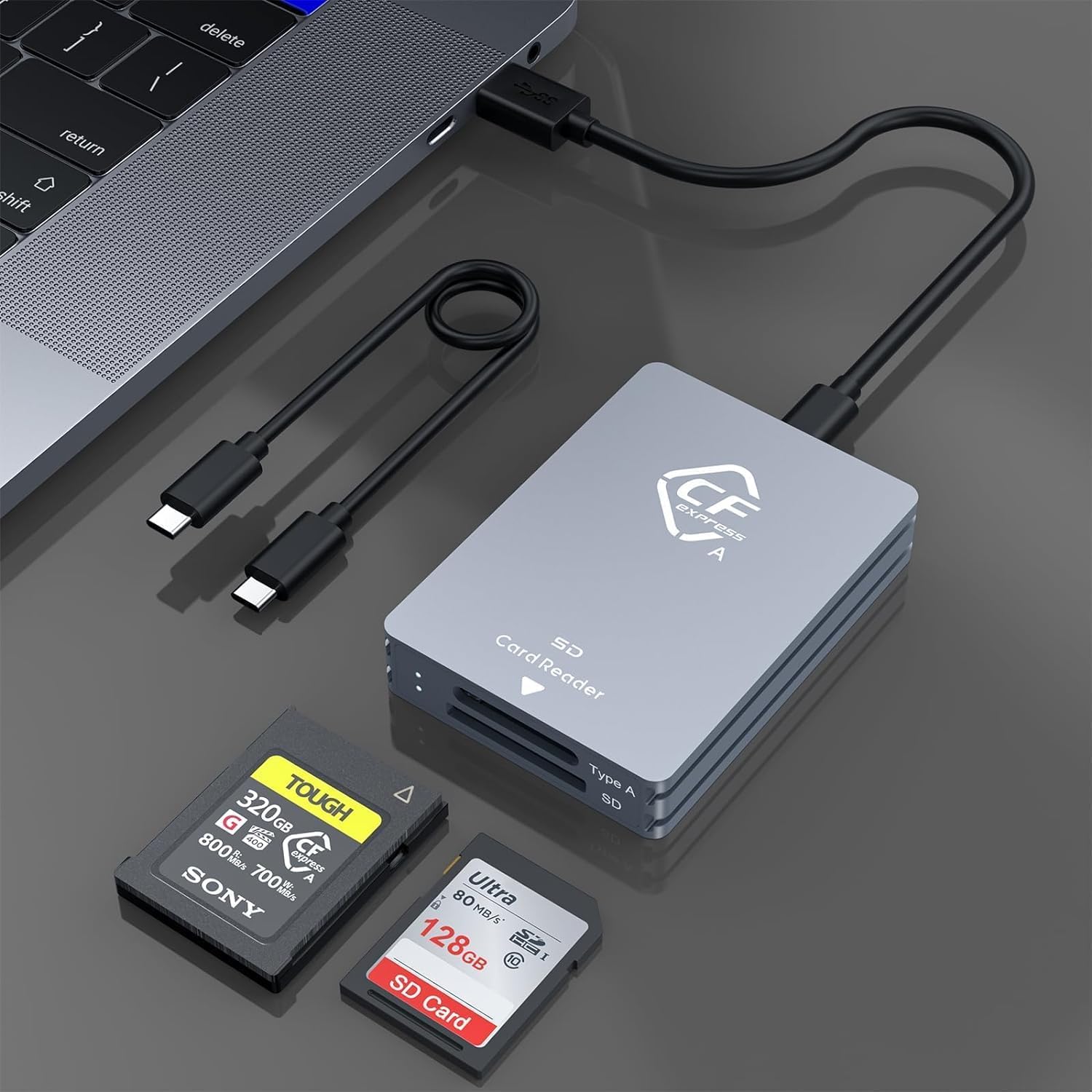 CFexpress Type A and SD Dual-Slot Card Reader, USB 3.1 Gen 2 10Gbps CFexpress Reader, Portable CF Express Card Reader Included USB C to USB A/C Cable, Compatible with Windows/Mac/Linux/Android