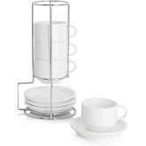 Sweese 2.5 Ounce Porcelain Stackable Espresso Cups with Saucers and Metal Stand Set of 4, White