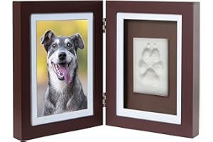 Better World Pets Paw Print + Photo Keepsake Frame Holds 4 x 6 inch or 5 x 7 Picture – Memorial Clay Imprint Kit – for Dogs and Cats – Perfect for Pet Lovers – Hinged for Desktop, Brown
