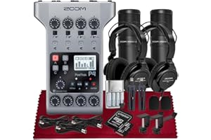 SONICSOUND TECHNOLOGIES Zoom PodTrak P4 Portable Multitrack Podcast Recorder, Audio Interface w/ 4 Mic Inputs, 4 Headphone Outputs with 2X Zoom DM1-PMP Podcast Mic Pack, 2X Headphone Hanger, Rechargeable Batteries & More